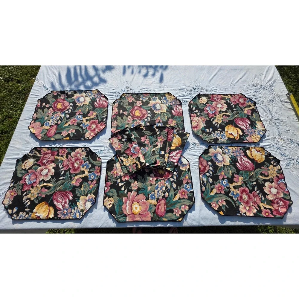 VTG Floral Placemat & Napkin Set of 6 Cottage Table Decor Dinner Party Blue Pink